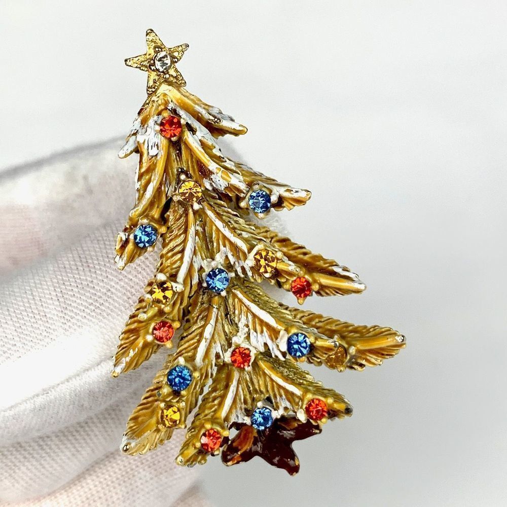 ART GILT Vintage Gold Christmas Tree Brooch Pin Enamel Rhinestones Star - Picture 2 of 8